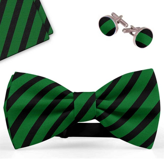 Set papion barbati, batista, butoni, verde, dungi negre late oblice